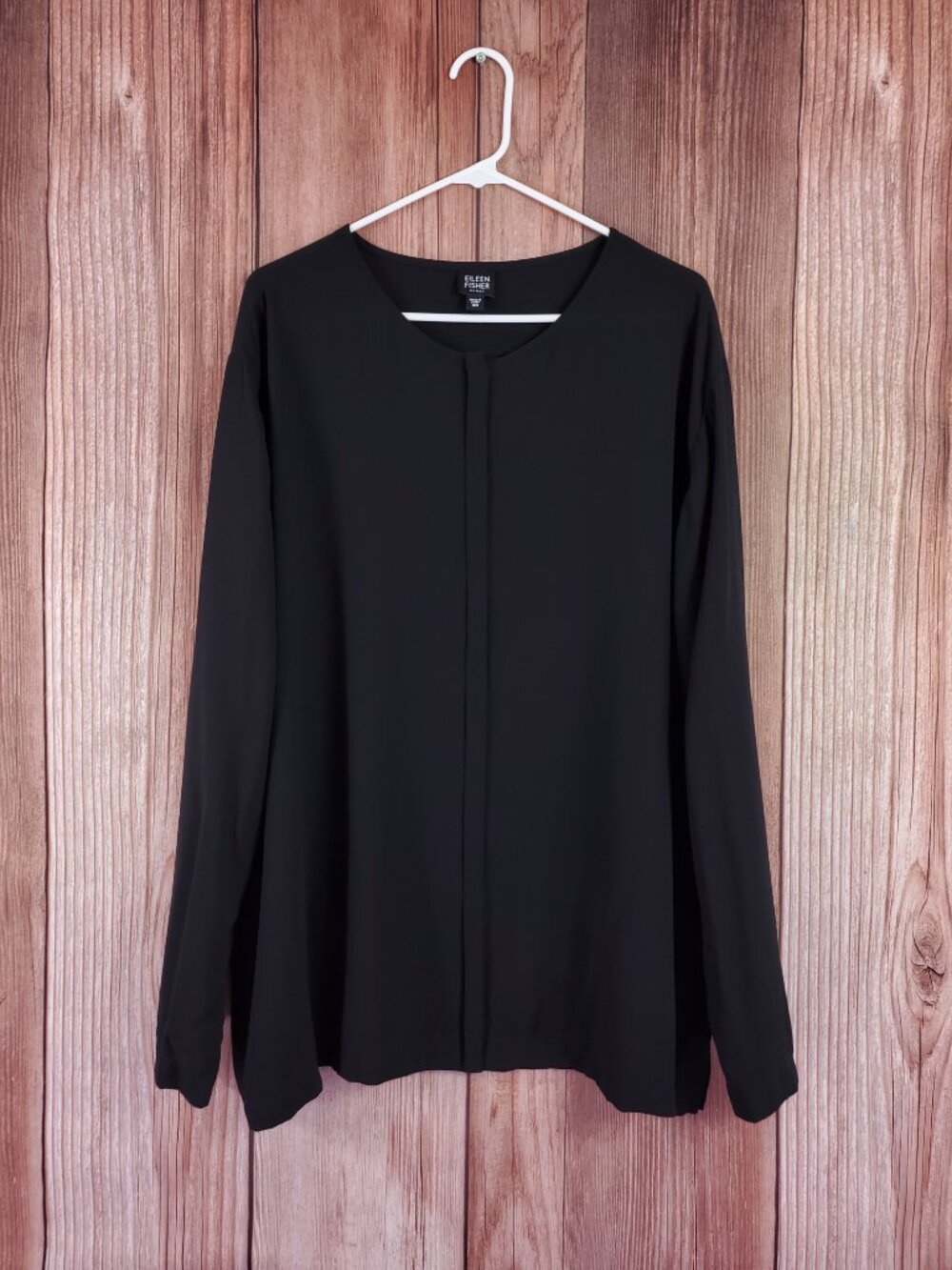 Eileen Fisher 3X Silk Georgette Crepe Black Tunic Shirt Top Hidden Button Front